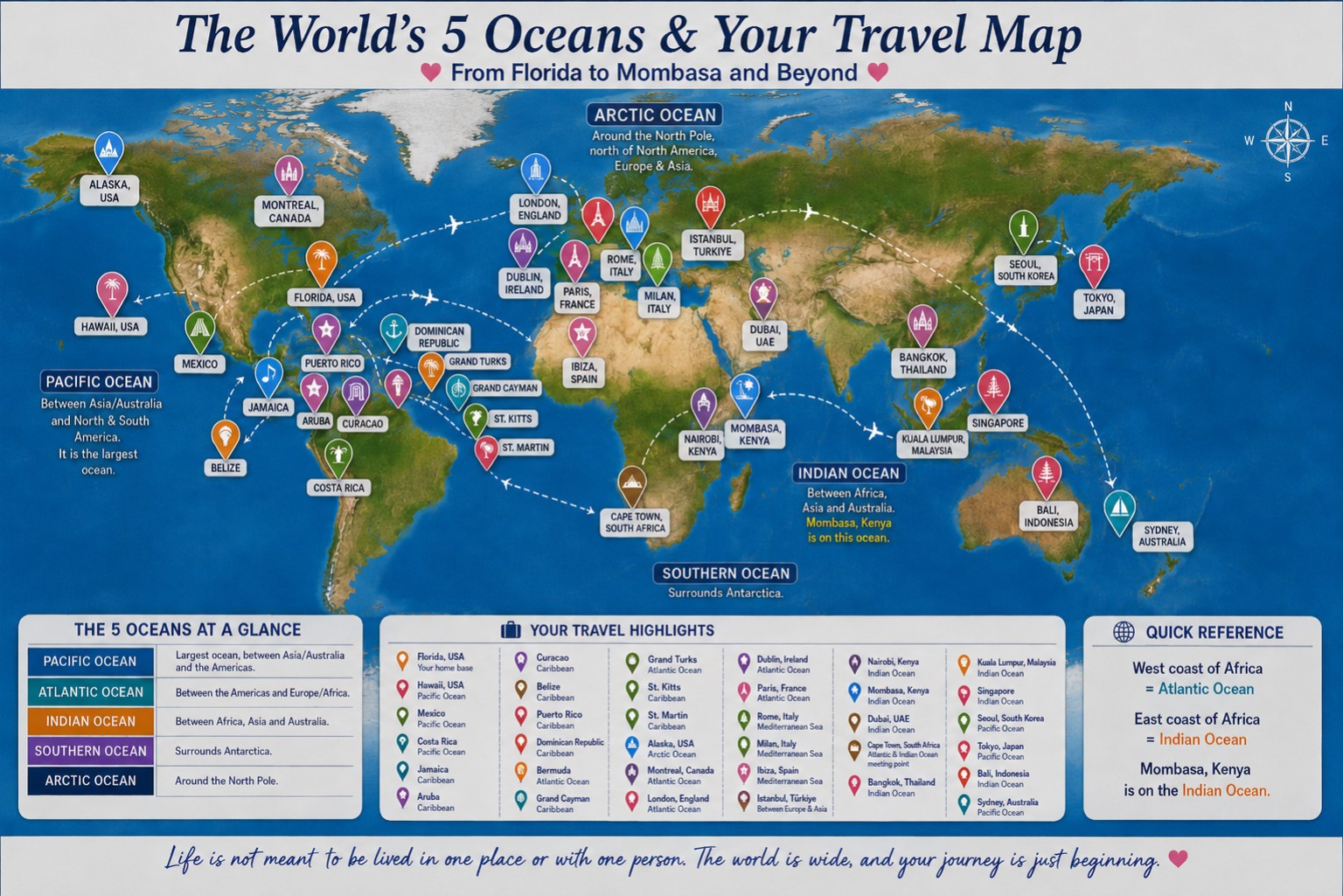 Leslie’s illustrated world travel map, with destination pins across the Americas, Europe, Africa, Asia, and Australia, and a guide to the five oceans.
